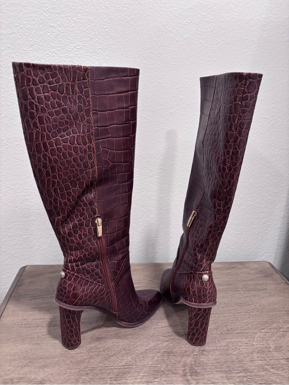 Vince Camuto Phranzie Leather Burgundy Croc-Embossed Knee High Boots - Picture 4 of 12